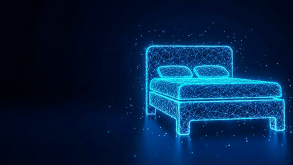 A digitally rendered double bed with two pillows, constructed from glowing blue wireframe polygons and scattered light particles against a dark, cosmic background. The futuristic and abstract design