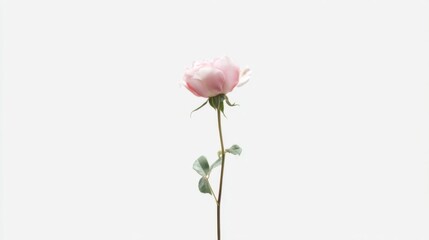 A delicate pale pink rose in full bloom with soft hues, slender stem adorned with green leaves,