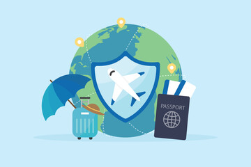Suitcase, location pin, passport and boarding pass with protection Shield vector illustration. Concepts Travel insurance, financial business, risk emergency medicals planning management and assurance.