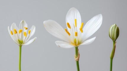Three white flowers with yellow stamens bloom in stages against a grey background, featuring fully open,