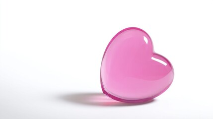 A glossy pink translucent heart-shaped object reflects light on a white surface with soft shadows,