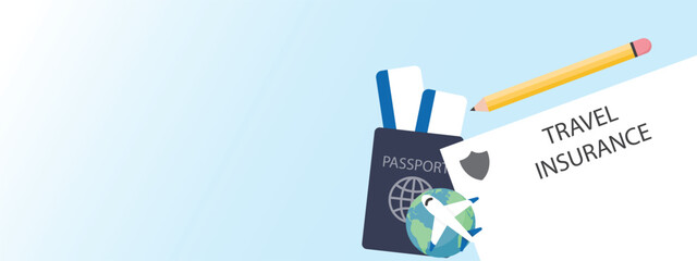 Travel insurance banner or background vector illustration. Concept of insurance business, risk management, emergency planning, medicals support, protection and abroad trip assurance.