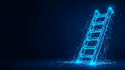 A digital representation of a ladder constructed from a blue polygonal network, symbolizing growth, progress, and connectivity. The futuristic design with glowing particles evokes themes of
