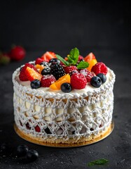 Close-up of a decorated cake with berries, cream and mint sprig on dark backdrop