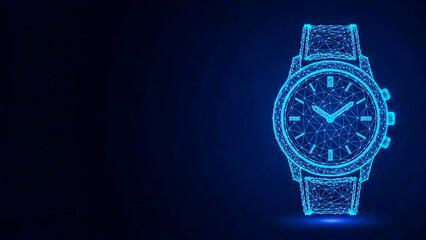 A modern, lowpoly wireframe rendering of a wristwatch in a vibrant neon blue hue against a dark, gradient blue background. The intricate network of lines and nodes forms the watch, suggesting