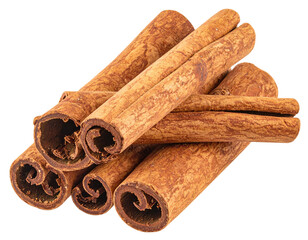 Brown, rolled-bark spice sticks in close-up, isolated on black