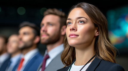 Fototapeta premium Confident businesswoman leadership team corporate meeting professional focus success motivation diversity Confident businesswoman stands with leadership team corporate meeting focused
