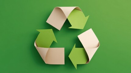 Minimalist recycling symbol in contrasting shades of green and beige,