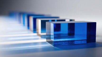 Transparent blue glass blocks arranged linearly cast soft shadows on a reflective surface,