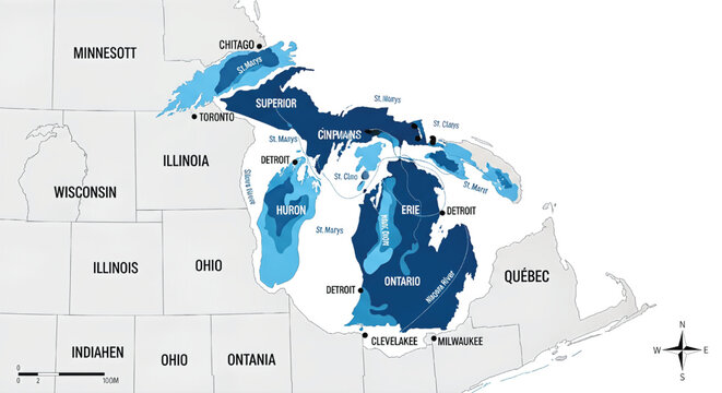 Geographic map illustrating the Great Lakes of North America with varying depths and adjacent states and Canadian provinces.