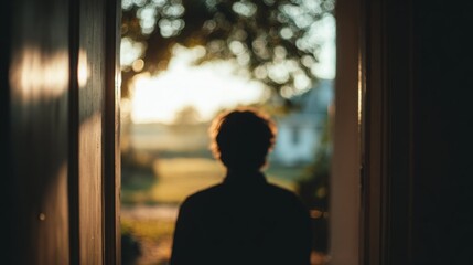 Silhouette of a person standing in a doorway, gazing at the serene morning landscape.
