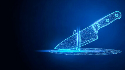 A futuristic, neon blue wireframe knife is depicted cutting through a lowpolygon digital platform, set against a dark, gradient blue background with subtle light effects. The image evokes themes of