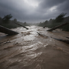 A powerful and turbulent river overflows its banks during a severe rainstorm, carrying fallen logs amidst wind-battered trees under a dark, ominous sky, illustrating nature's raw force