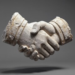 A striking 3D stone sculpture of two hands shaking symbolizes partnership and trust, showcasing detailed craftsmanship in grayscale.