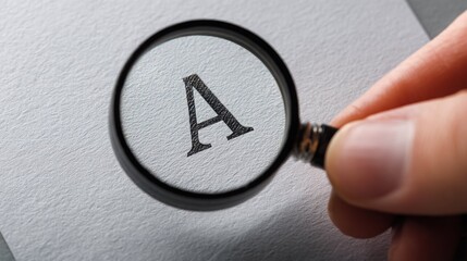 Close-up of a magnifying glass focusing on the letter 'A' on textured paper.
