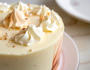 Close-up of a decorated cake with frosting swirls, pearls and textured side, on a plate