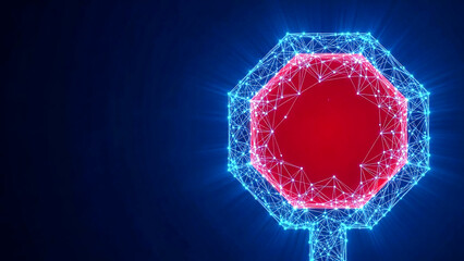 A stylized red stop sign, depicted as a lowpolygon sphere, is surrounded by a glowing blue digital network. The geometric pattern of interconnected nodes and lines symbolizes technology and data