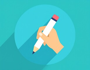 Cartoon hand holding a white pencil, flat design, teal background with long shadow