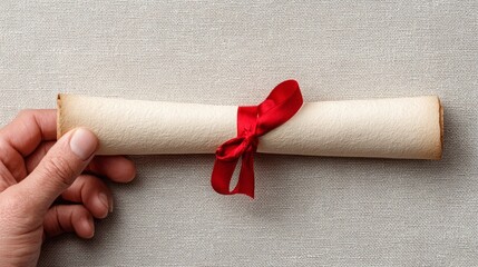 A rolled diploma tied with a red ribbon held by a hand over a textured surface.