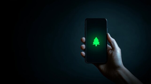 Hand holding smartphone with glowing green tree icon on screen against dark background. - Powered by Adobe