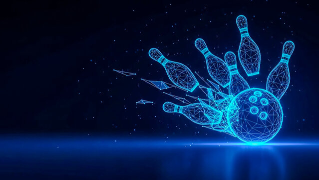 A vibrant blue neon wireframe bowling ball dramatically strikes bowling pins in a dark, digital cosmos, creating an abstract and energetic scene. The pins are scattered and disintegrating into