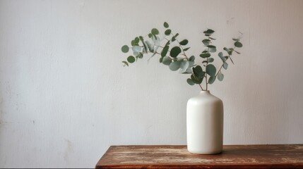 A white vase with fresh eucalyptus branches sits on a rustic wooden table against a plain light wall,