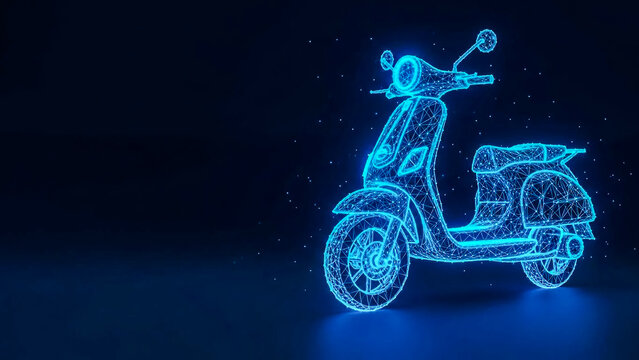 A glowing neon blue wireframe scooter, rendered in a 3D polygonal style against a dark background with subtle bokeh lighting. This abstract design represents technology, innovation, and modern