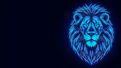 A striking digital illustration features a majestic lions head rendered in vibrant neon blue geometric polygons. The mane appears as a radiant halo of sharp, triangular shapes, with small glowing