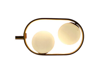 isolated minimalist wall lamp round bulbs with gold metal frame on white background.