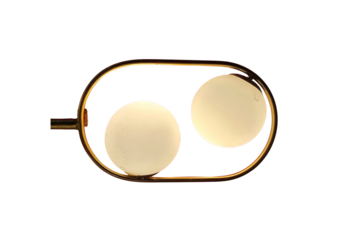 isolated minimalist wall lamp round bulbs with gold metal frame on white background.