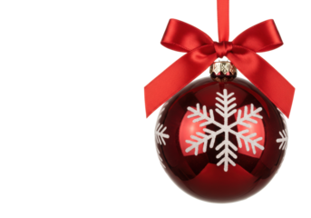 Macro shot of a highly reflective, deep crimson red glass christmas bauble ornament with a frosted snowflake pattern, suspended by a luxurious red satin ribbon bow, isolated on a transparent