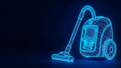 A neon blue wireframe model of a vacuum cleaner with a hose and floor head, set against a dark blue background. The 3D rendering uses a polygonal mesh effect, highlighting the appliances form with