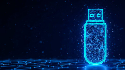 A futuristic, glowing blue wireframe representation of a USB flash drive stands on a surface of interconnected glowing lines and particles. The dark blue background, filled with floating bokeh