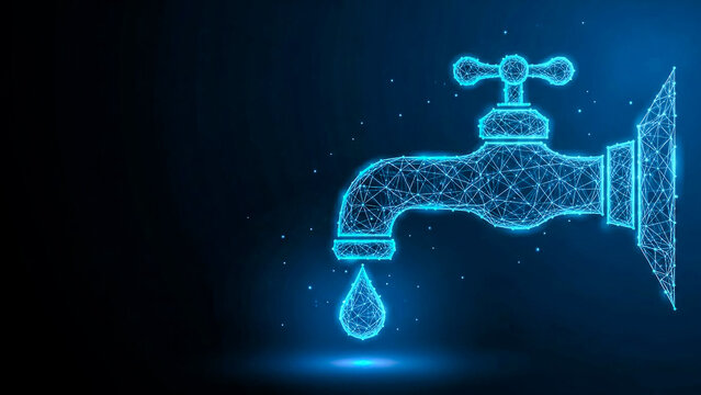 A glowing neon blue faucet rendered in a futuristic polygonal network style, with a single water drop falling from it. The image symbolizes technology, innovation, and the conservation of water