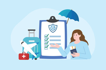 Woman present insurance policy vector illustration. Concepts Travel insurance, travel agent, insurance business, risk management, emergency planning, medicals support and abroad trip assurance.