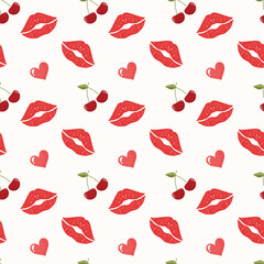 Seamless pattern background cherry lips and heart shape hand draw vector illustration concepts Sexy Valentine, Happy Valentine's day, Hello February, Fabric and surface print texture design.