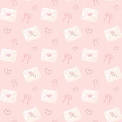 Cute seamless pattern background mail envelop and heart shape hand draw vector illustration. Pink pastel concepts Happy Valentine's day, Hello February, Fabric and surface print texture design.