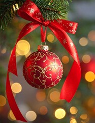 Close-up of a decorated ornament hanging on a festive evergreen branch
