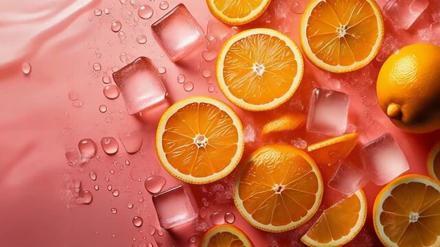 Refreshing Orange Slices and Ice Cubes on a Vibrant Pink Background with Water Droplets.