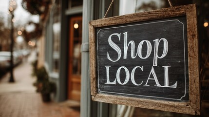 Chalkboard sign reading 'shop local' outside a storefront, symbolizing small business finance and local support community encouragement.