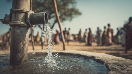 Village well delivering clean drinking water to community member, pipe, flowing water, people gathering, relief and public health improvement.