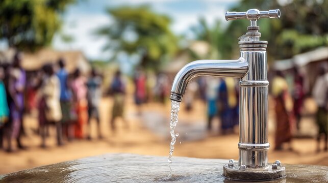 Hand pump tap dispensing clean water in an african village with community members in background, representing rural water access and management.
