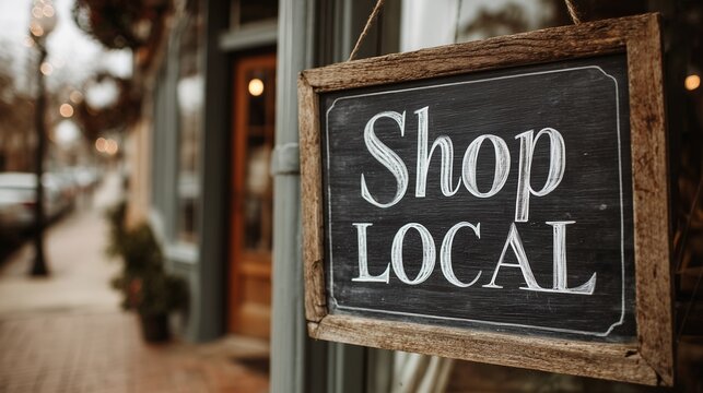 Chalkboard sign reading 'shop local' outside a storefront, symbolizing small business finance and local support community encouragement.