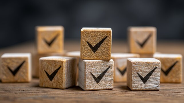 Wooden cube with checkmark representing corporate mitigation audit, compliance verification, risk control, and audit confirmation in corporate governance.