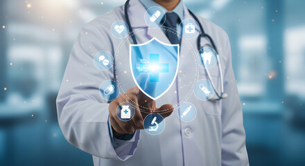Doctor touches glowing shield representing healthcare security and protection