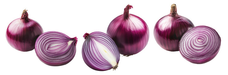 Whole and halved sliced red onion with visible layers isolated on white transparent background, concept of healthy eating.