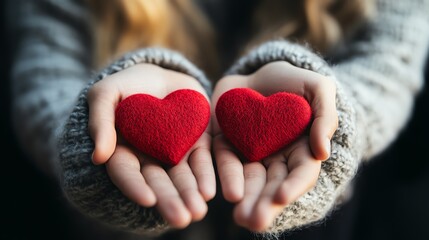 Fototapeta premium Hands holding two red hearts symbolizing love.