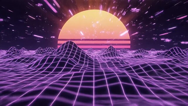 Retro futuristic synthwave landscape with a glowing orange sun over a purple wireframe grid in a starry digital space.