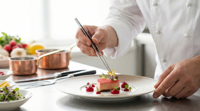 Chef dressant terrine rose aux baies
