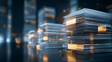 Stack of digital document with glowing data nodes representing compliance policy records management and secure audit trail.